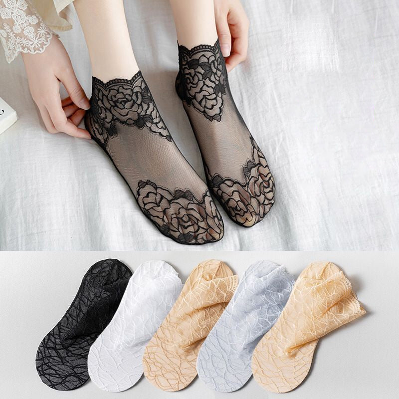 Elegant women's black lace mesh ankle socks, ideal for dress shoes or casual wear, 6-pack.
