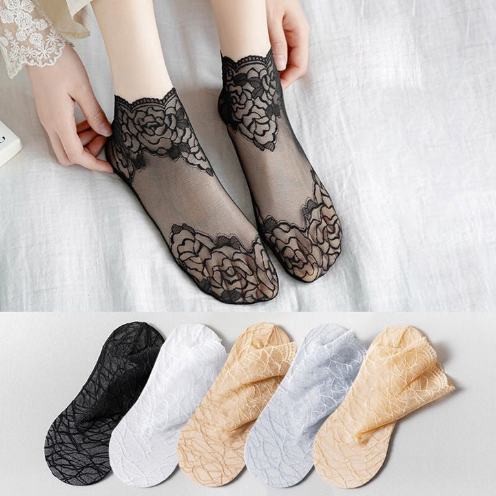Elegant women's black lace mesh ankle socks, ideal for dress shoes or casual wear, 6-pack.