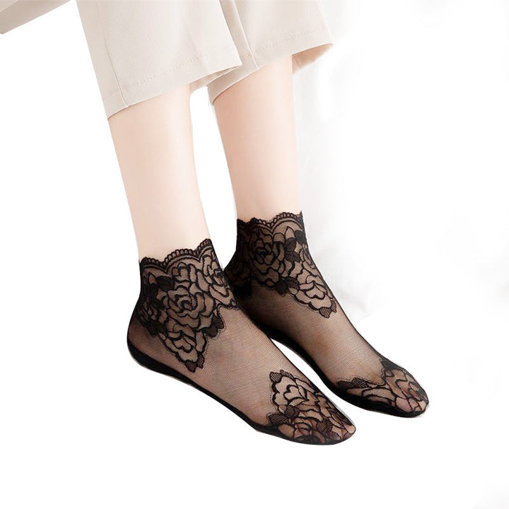 Collection of six pairs of women's breathable and elegant lace mesh ankle socks, perfect gift.