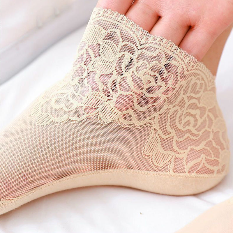 Six pairs of women's breathable lace mesh ankle socks, folded neatly, cotton blend.