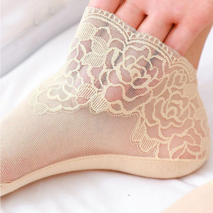Six pairs of women's breathable lace mesh ankle socks, folded neatly, cotton blend.