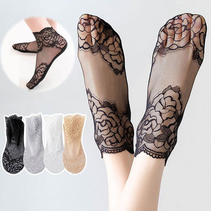 Assorted colors of women's invisible lace mesh ankle socks, 6 pairs showcased.