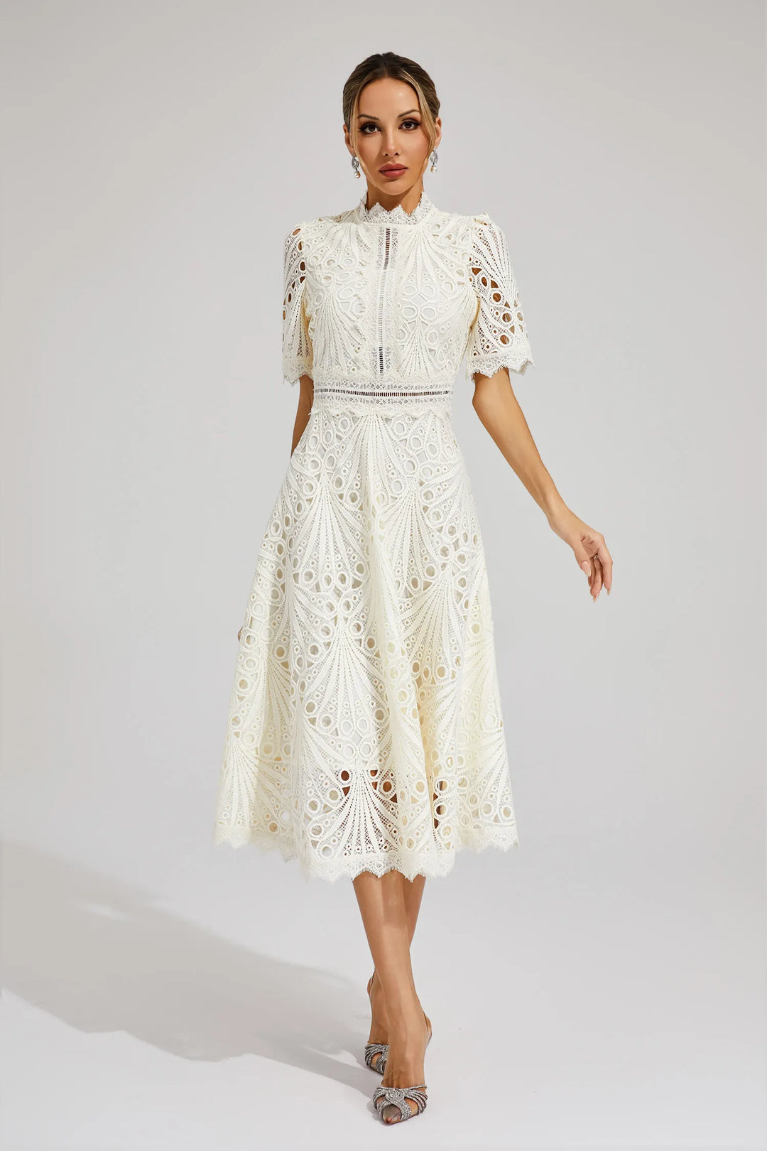 Designer women's elegant lace midi dress, tailored for wedding guests & evening events.
