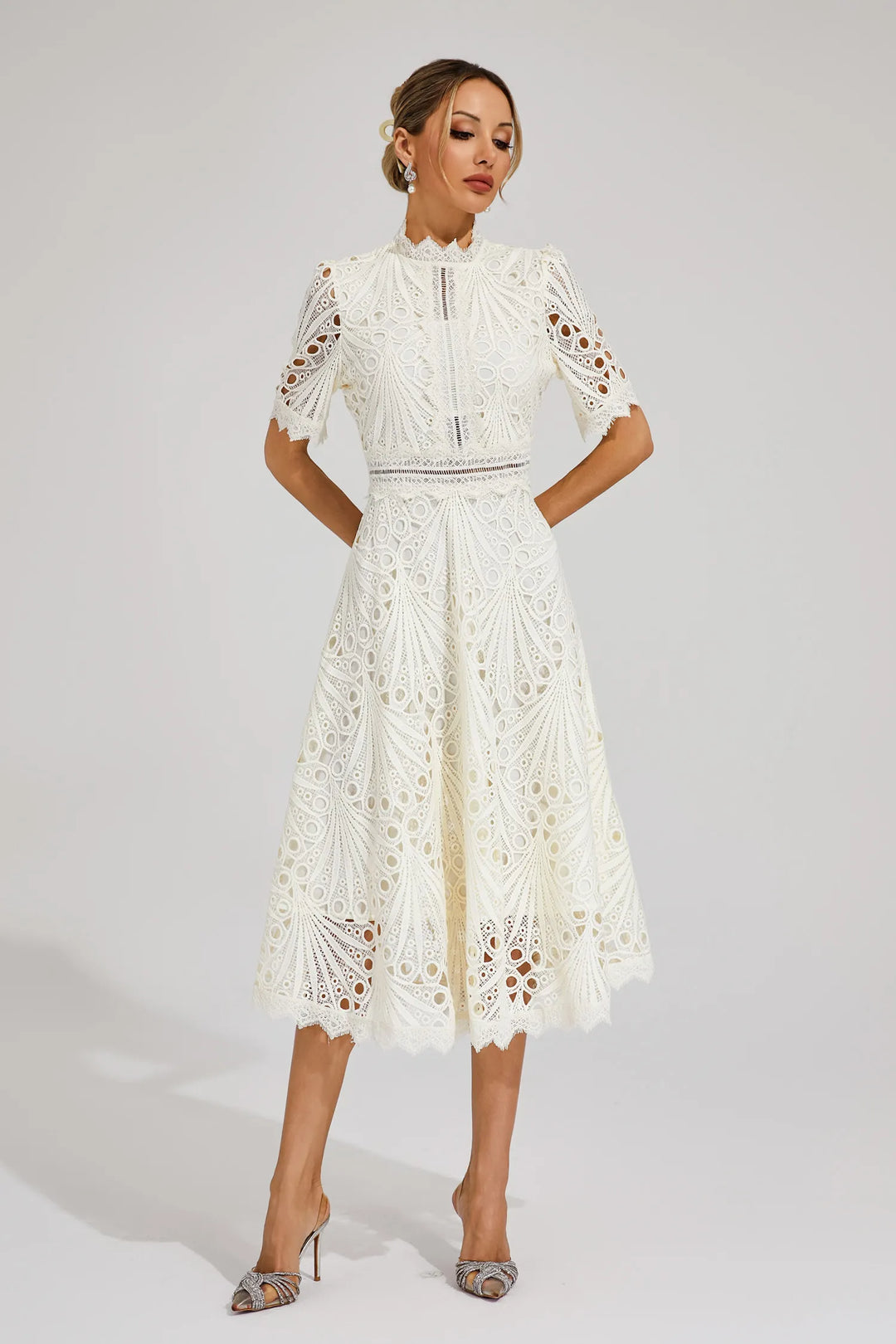 Tailored women's lace midi dress for formal occasions, elegant wedding guest attire.