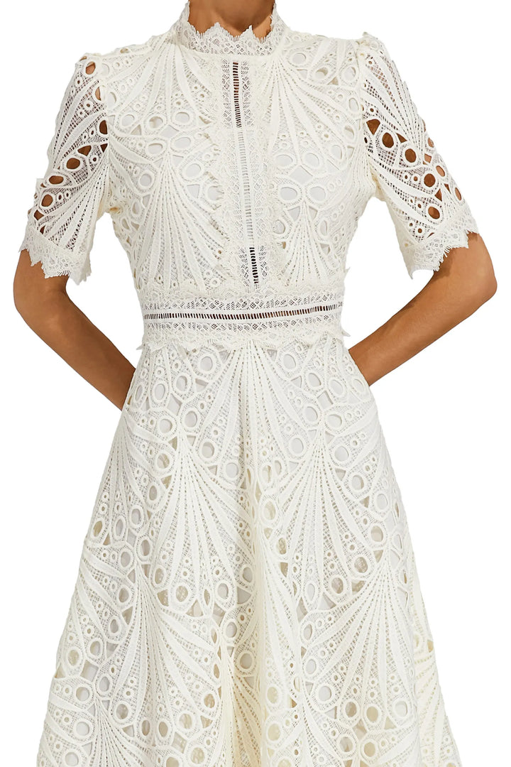 Women's sophisticated formal midi dress, lace design, ideal for weddings & special events.