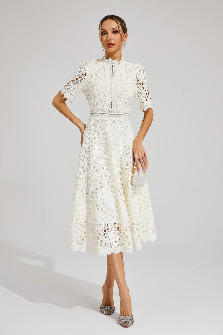 Elegant women's summer wedding guest dress, lace midi length, chic for any event.