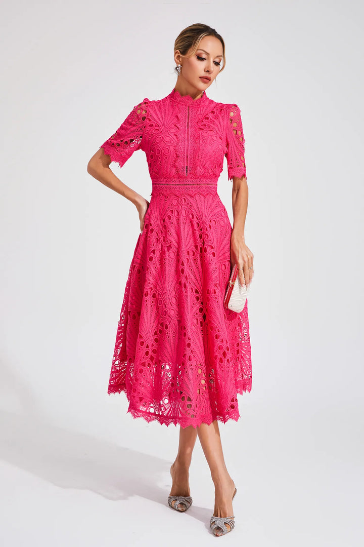 Beautiful women's lace party dress, midi length, suitable for events & celebrations.