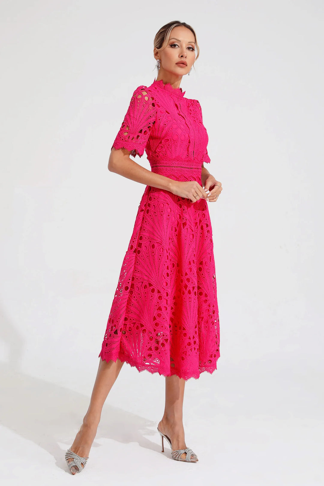 Stylish women's wedding guest dress, lace midi, tailored fit, ideal for formal events.