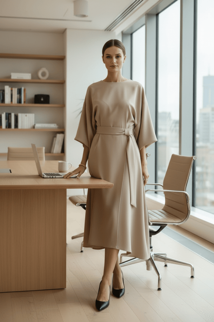 Formal women's long sleeve midi dress with elegant lantern sleeves, ideal for wedding guests.