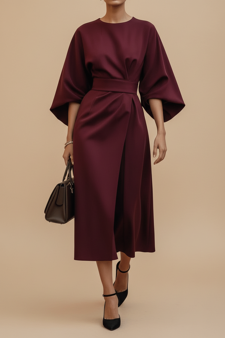 Classic women's formal midi dress with fashionable lantern sleeves for evening wear.