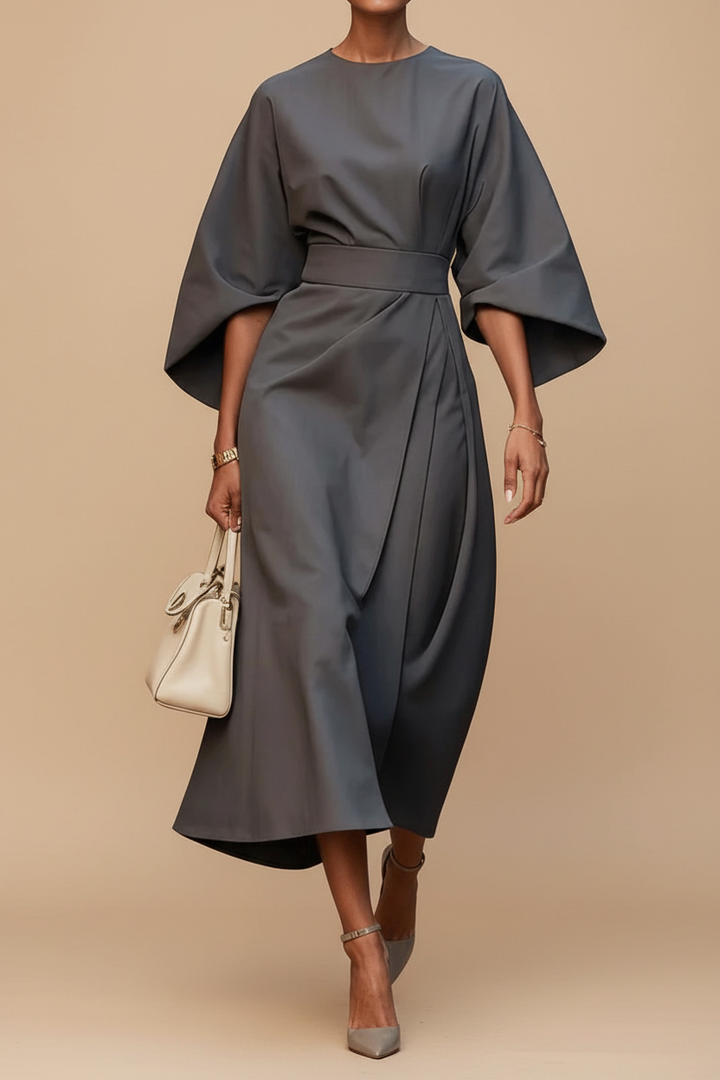 Beautiful women's special occasion midi dress with long lantern sleeves, flattering silhouette.