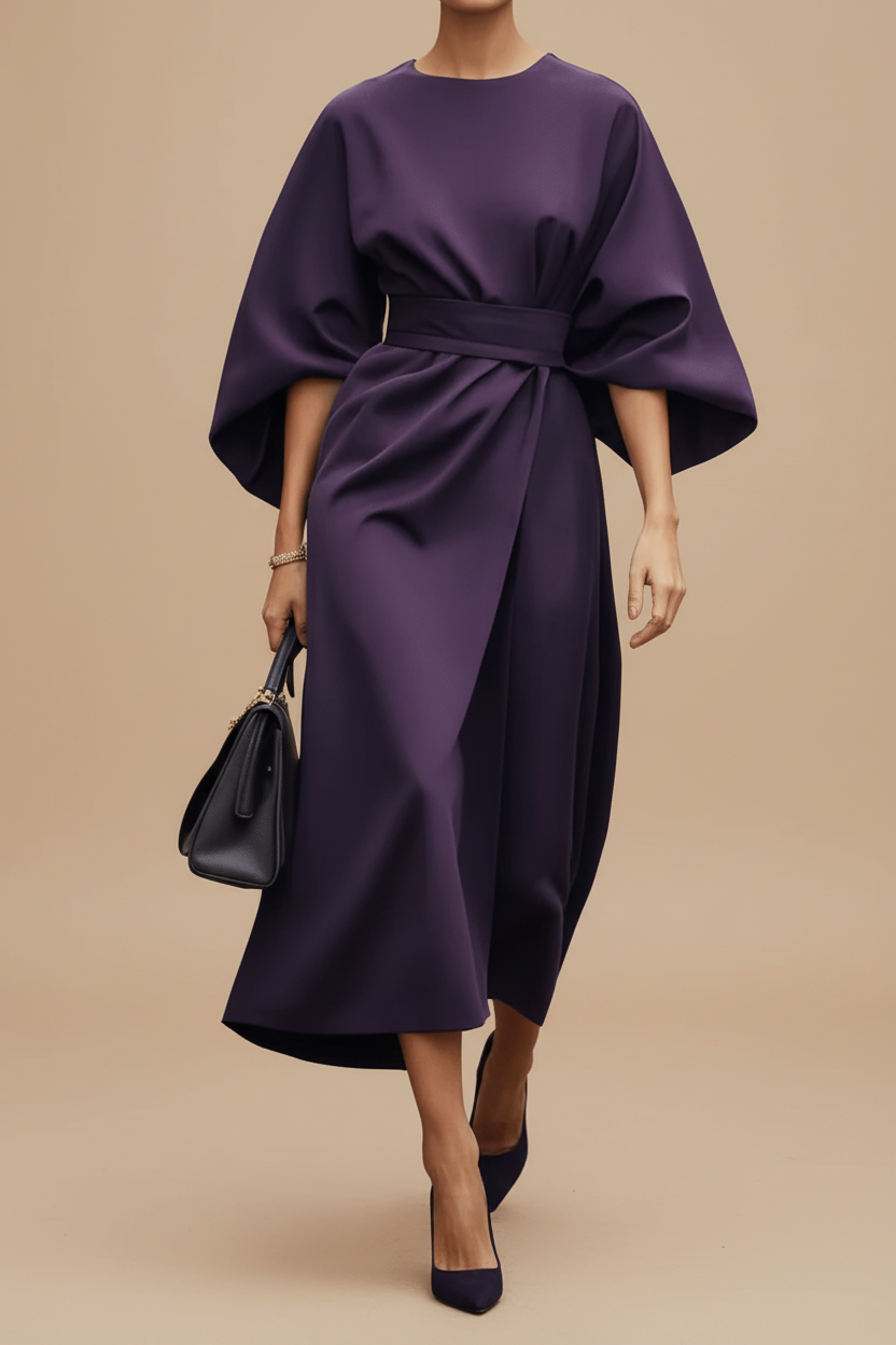 Stylish women's midi dress with elegant lantern sleeves, perfect for formal events.
