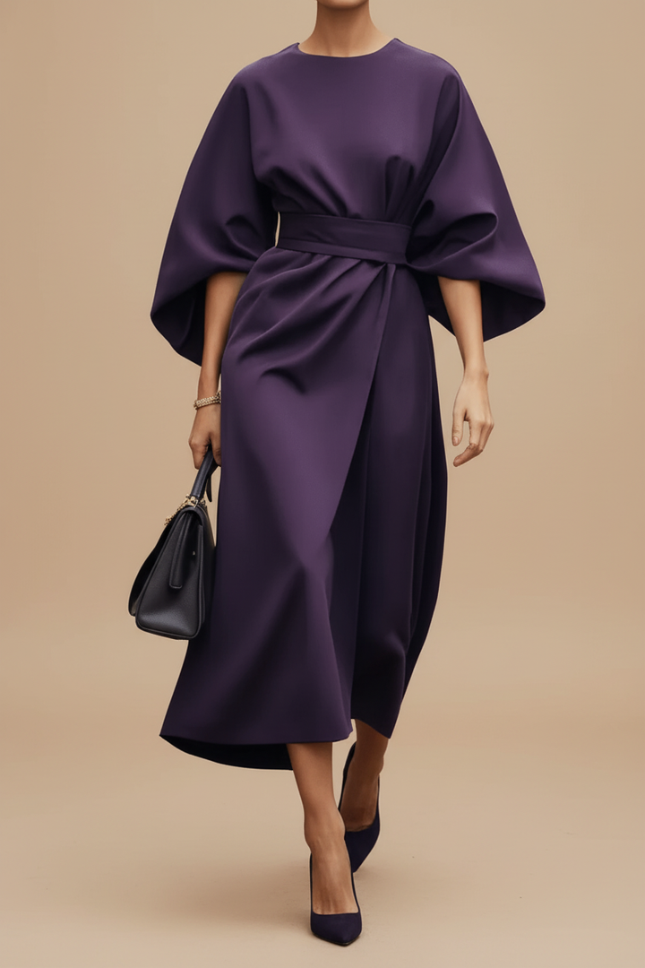 Stylish women's midi dress with elegant lantern sleeves, perfect for formal events.
