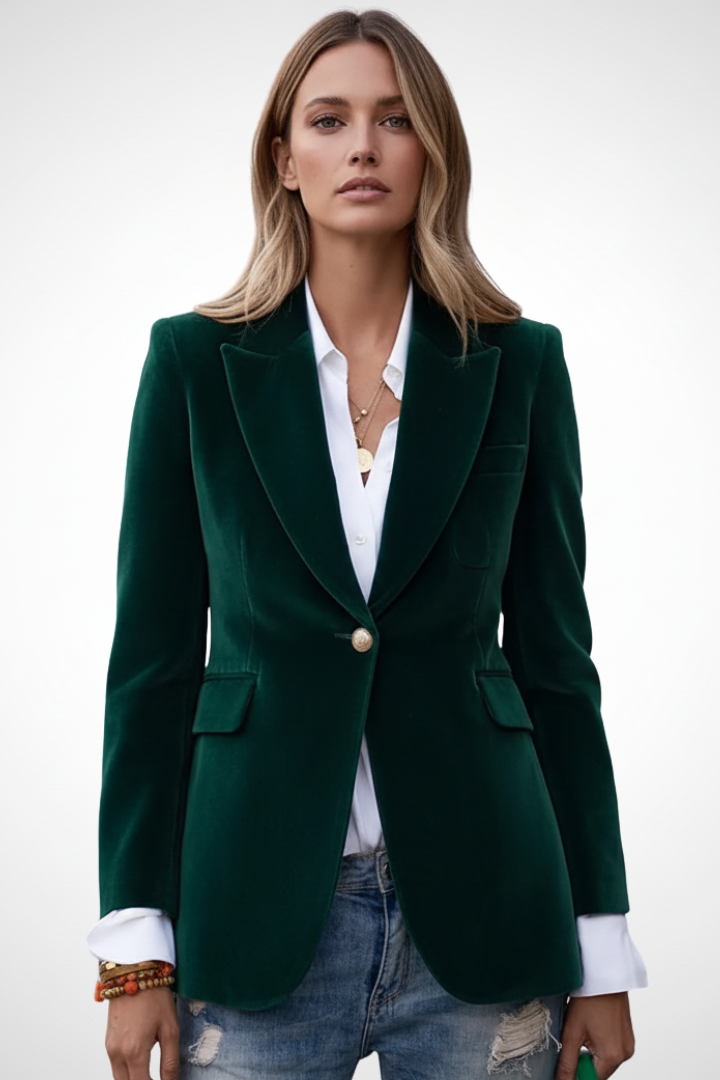 Sophisticated women's blazer with lapels & single button closure, great for professional attire & formal occasions.