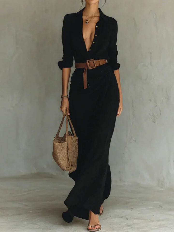 Versatile women's long sleeve belted maxi dress with lapel, ideal for formal, casual, or day-to-evening style.