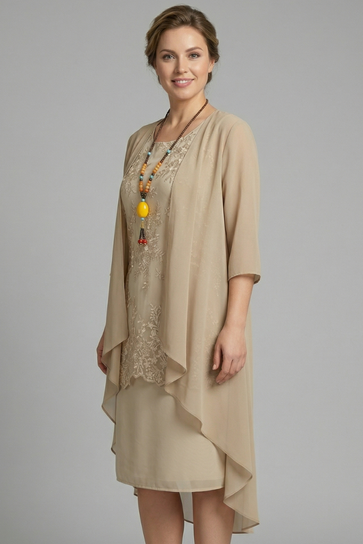 Stylish knee-length layered dress for women with a sheer overlay, round neck, & short sleeves. Versatile spring/summer wear.