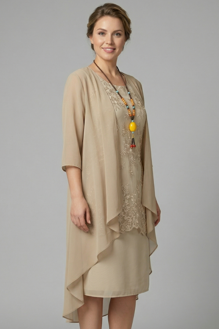 Women's elegant layered dress with a beautiful sheer overlay, short sleeves, and a classic round neck. Knee-length design.