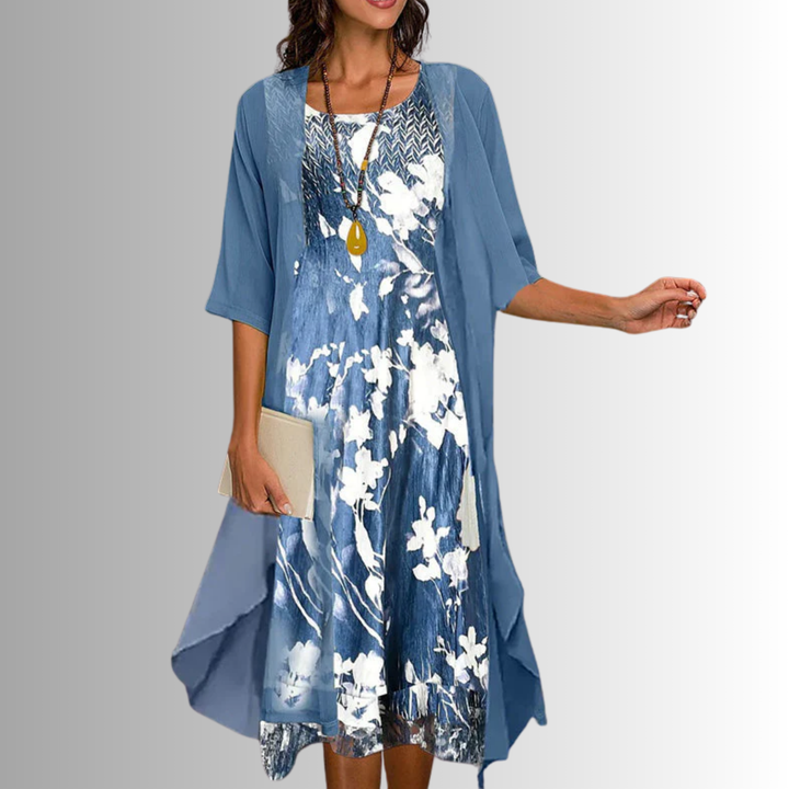 Elegant women's layered midi dress & open front duster. Perfect for spring/summer special occasions.