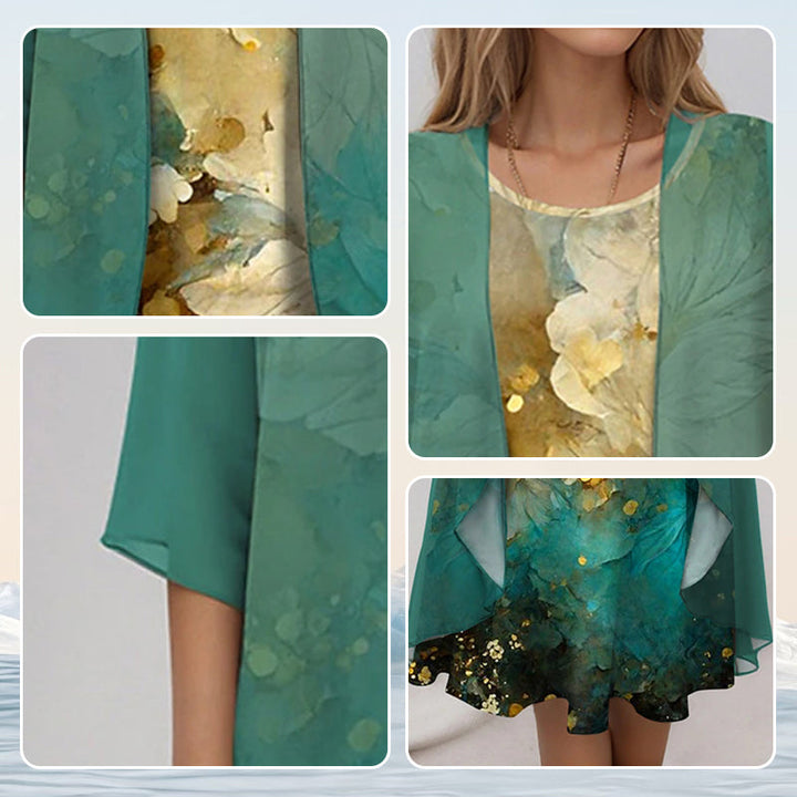Women's elegant floral print midi dress with layered open front duster. Perfect for special events.