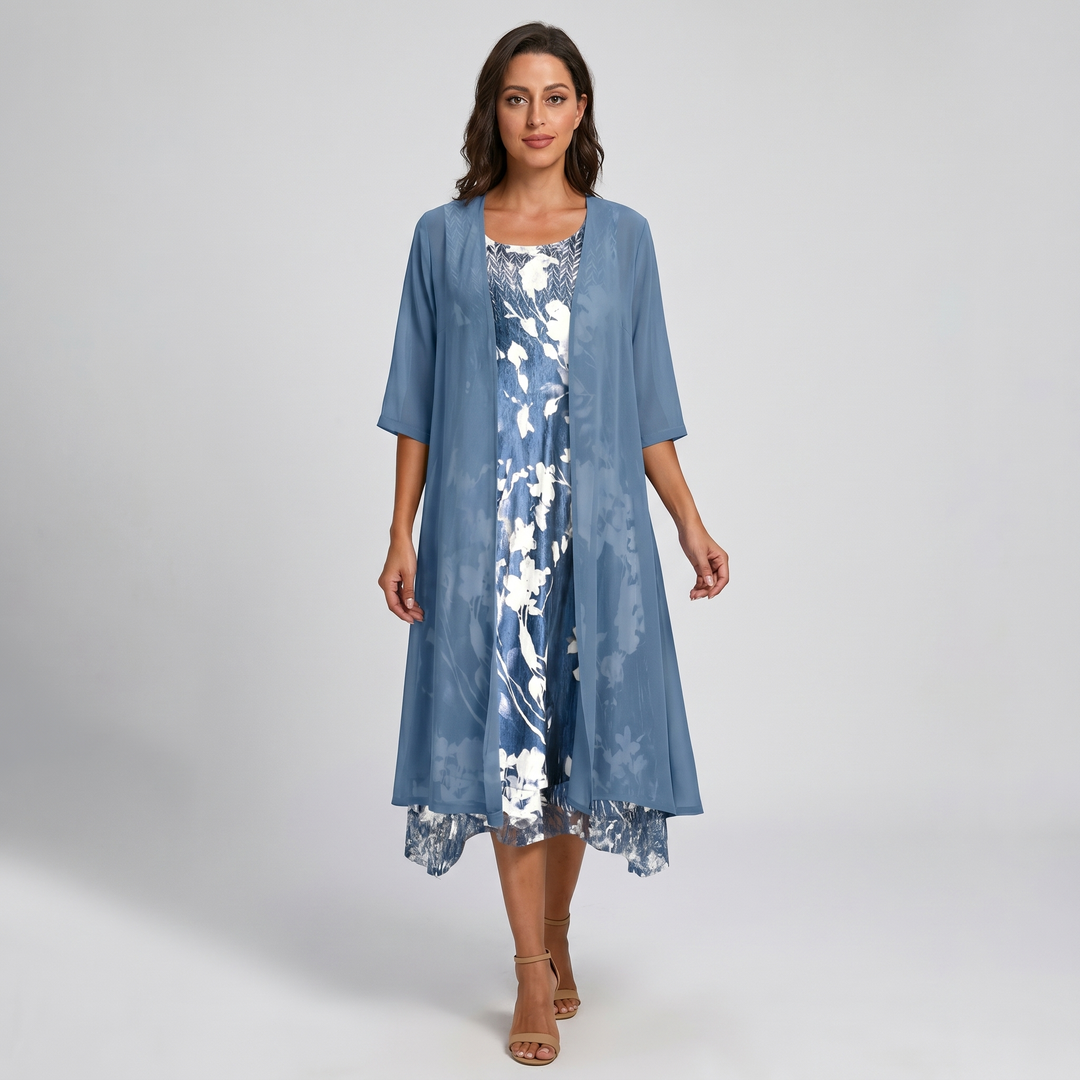 Flowy floral print two-piece midi dress set with open front duster for women. Spring/summer style.