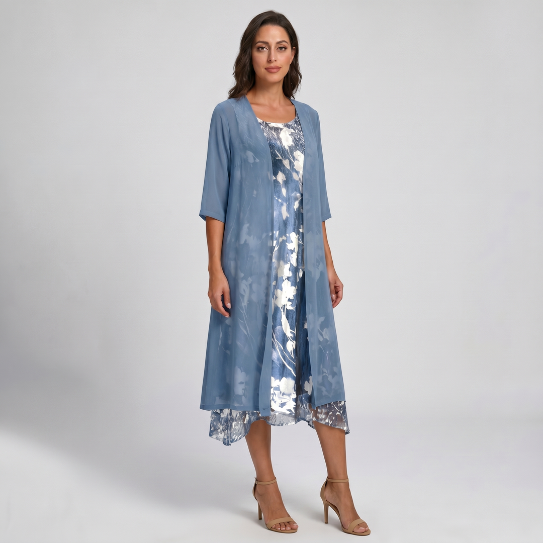 Women's elegant layered floral midi dress and duster set. Comfortable & chic for special events.