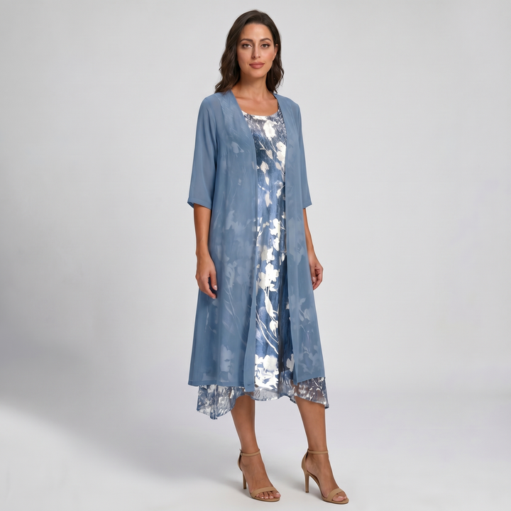 Women's elegant layered floral midi dress and duster set. Comfortable & chic for special events.