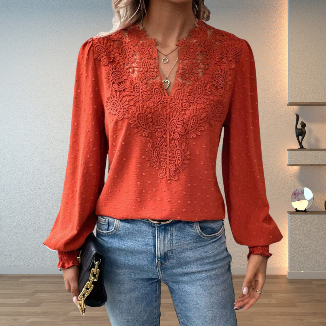 Elegant women's lightweight lace detail blouse with a v-neck and long sleeves, perfect for chic fashion.