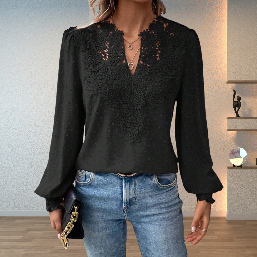 Chic lightweight women's top with romantic lace accents and a flattering v-neck, ideal for elegant outfits.