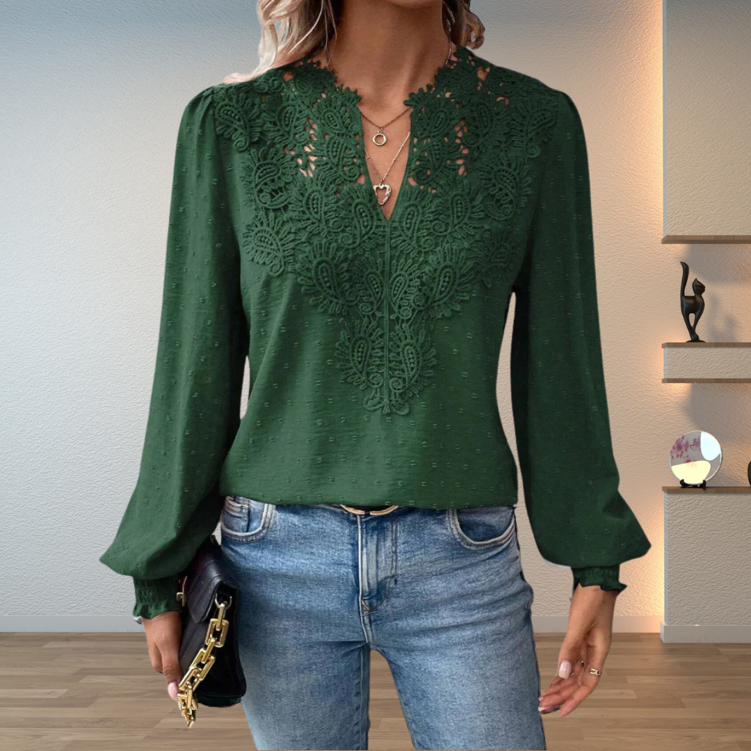Dotted long sleeve women's blouse in a terracotta shade, showcasing sophisticated lace details.