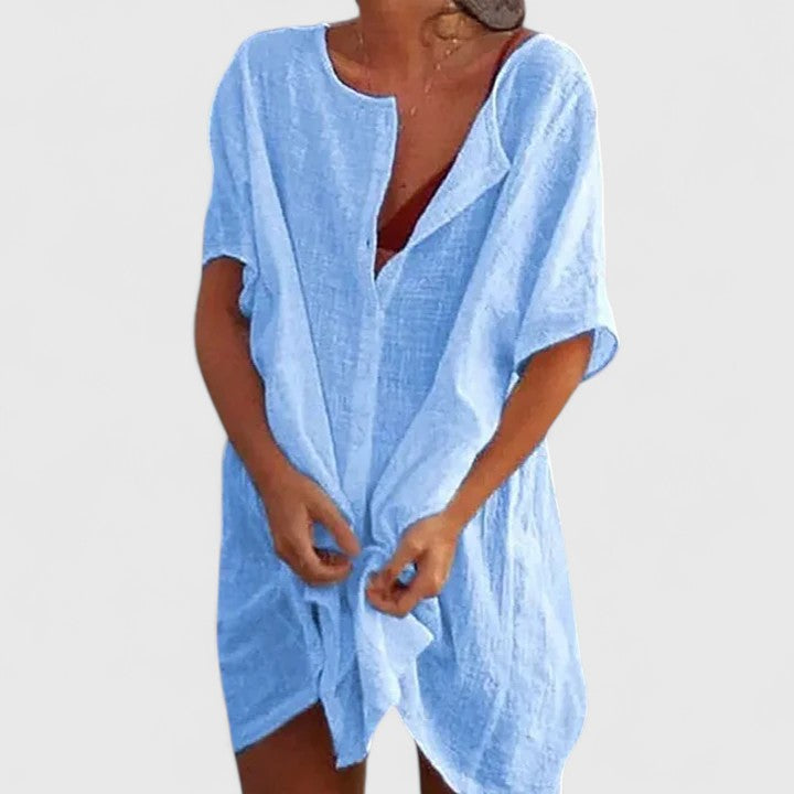 Versatile women's summer tunic dress, great for an elegant casual outfit or beach vacation.