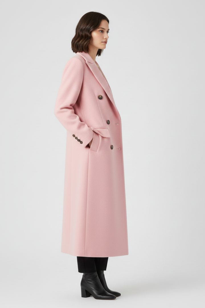Chic women's button-front long coat with a sophisticated lapel, ideal for fall & winter style.