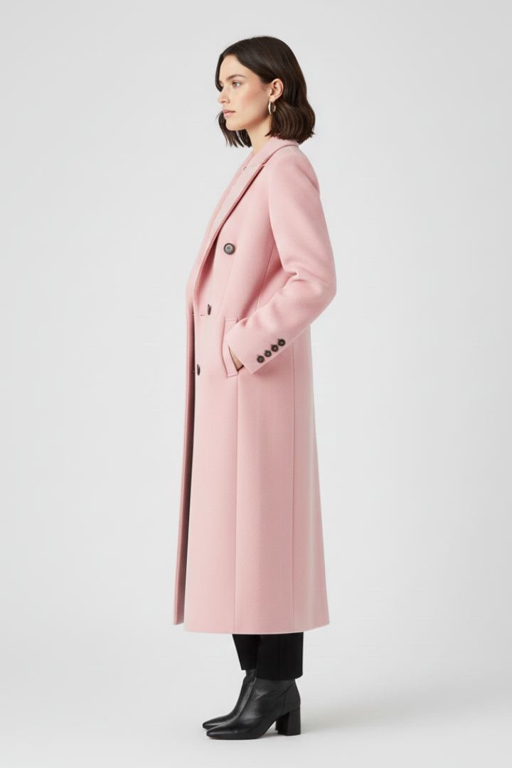 Classic women's elegant lapel coat, a versatile button-front piece for cold weather fashion.