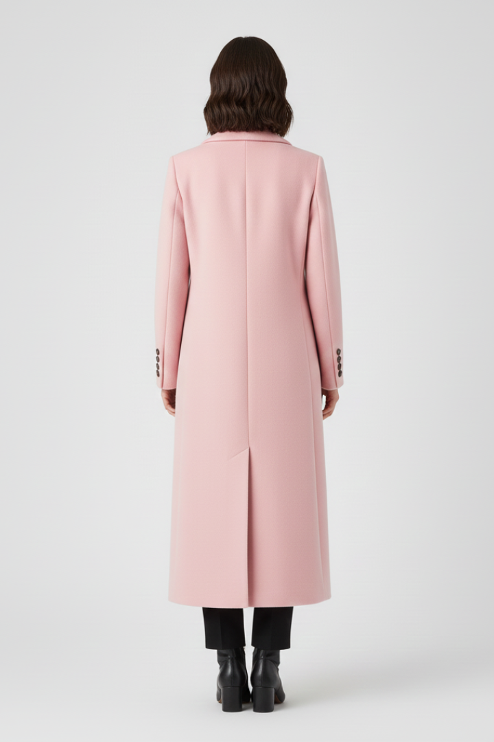 Modern women's long button-front lapel coat, offering a stylish & versatile look for any season.