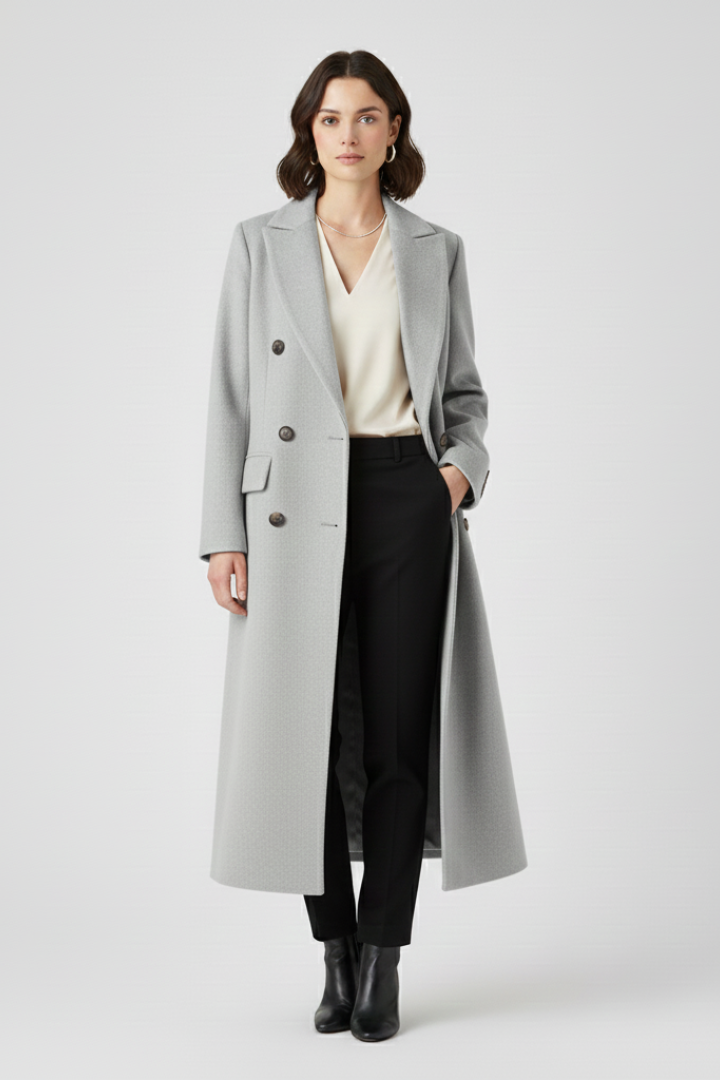 Warm women's winter lapel coat, a stylish button-front long design for elegant outerwear.