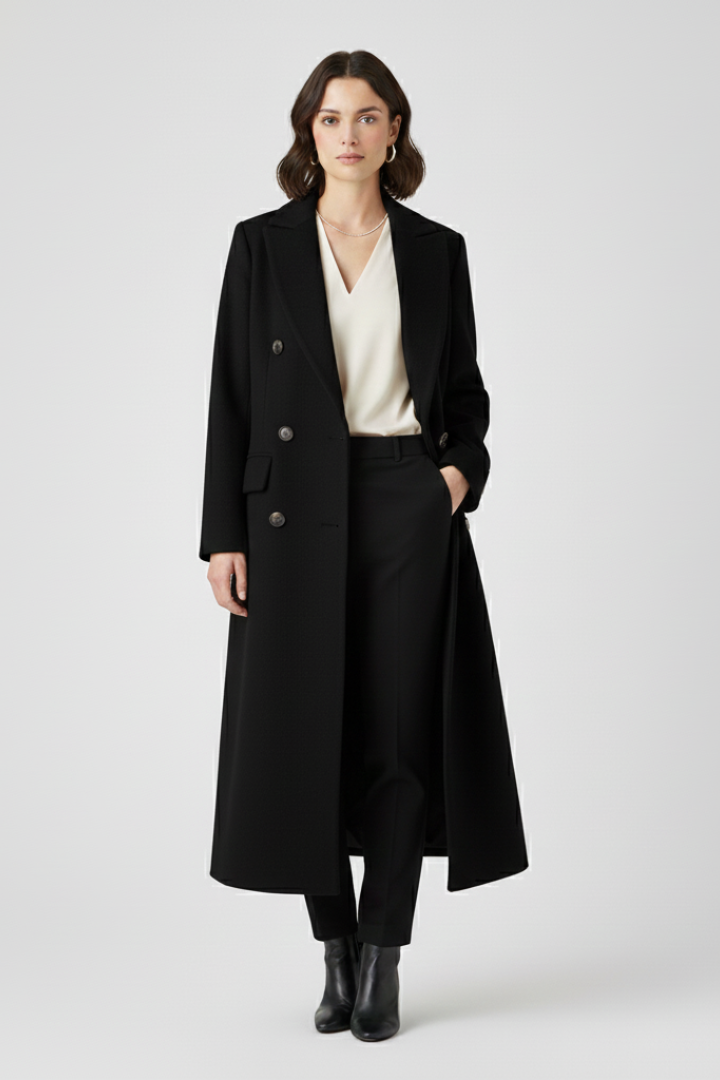 Fashionable women's classic button-front lapel coat, perfect for a sophisticated fall ensemble.
