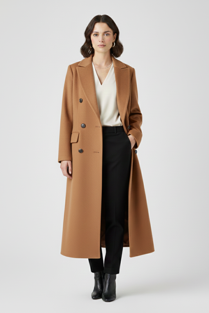 Timeless women's elegant long coat with lapel collar and versatile button-front detailing.