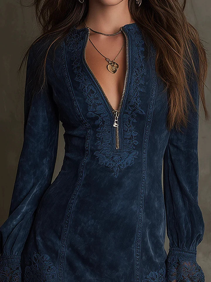 Chic blue long sleeve A-line mini dress for women, offering an elegant fit for any stylish event.