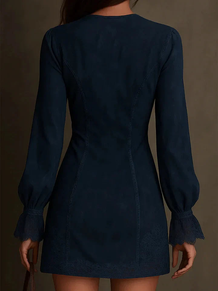 Fashionable women's blue long sleeve A-line mini dress, an elegant & chic party dress for sophisticated style.