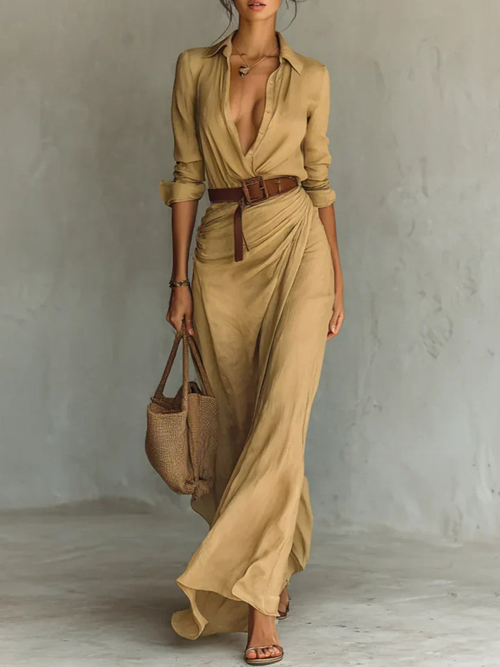 Elegant women's long sleeve belted maxi wrap dress with V-neck, perfect for fall & winter fashion.