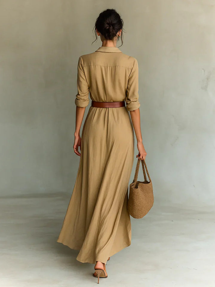 Chic women's V-neck long sleeve belted maxi dress in an elegant wrap style, suitable for various events.