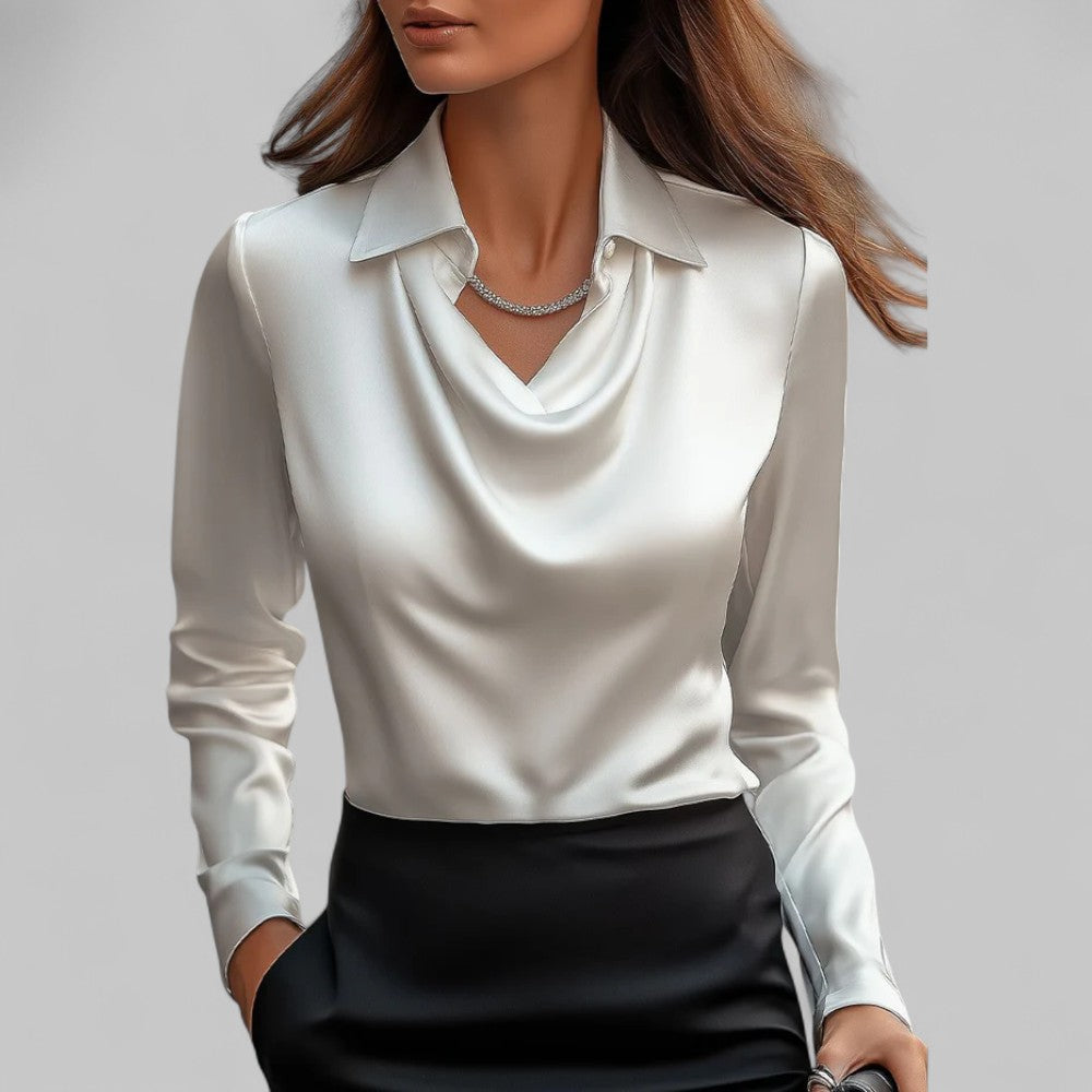 Elegant women's long sleeve blouse with a graceful draped neck, perfect for office or chic casual wear.