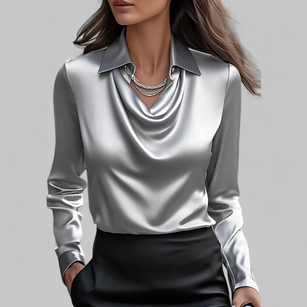 Women's Elegant Draped Neck Long Sleeve Blouse, a chic and versatile top for various fashion occasions.