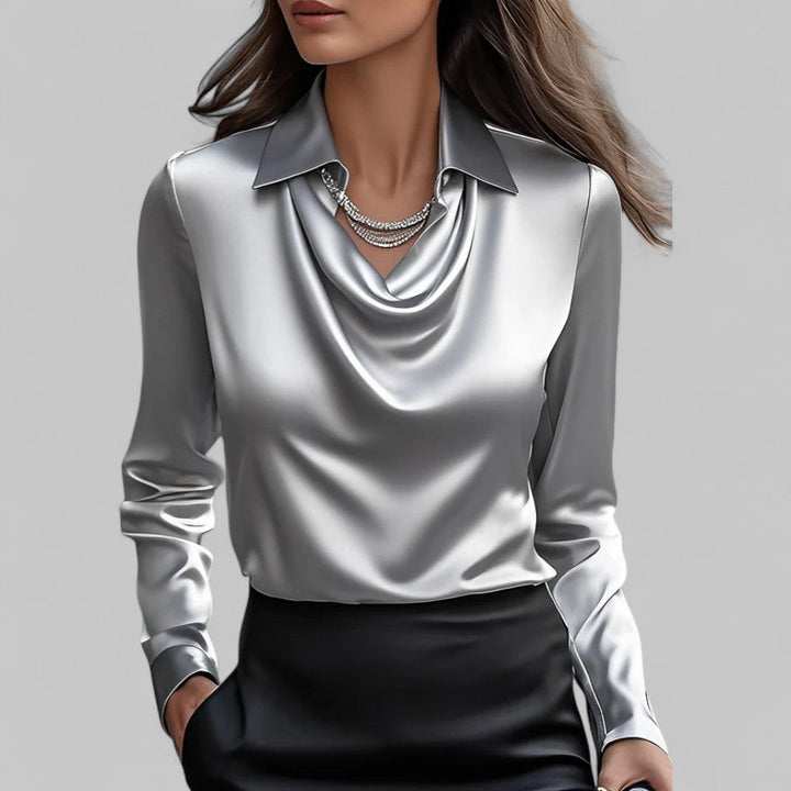 Women's Elegant Draped Neck Long Sleeve Blouse, a chic and versatile top for various fashion occasions.