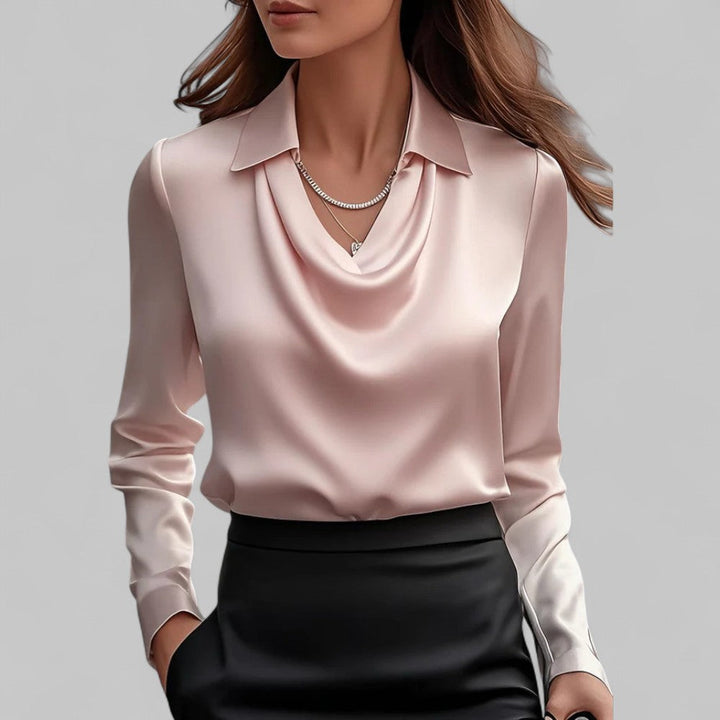 Graceful draped neck long sleeve top, a stylish women's blouse that adds elegance to any wardrobe.