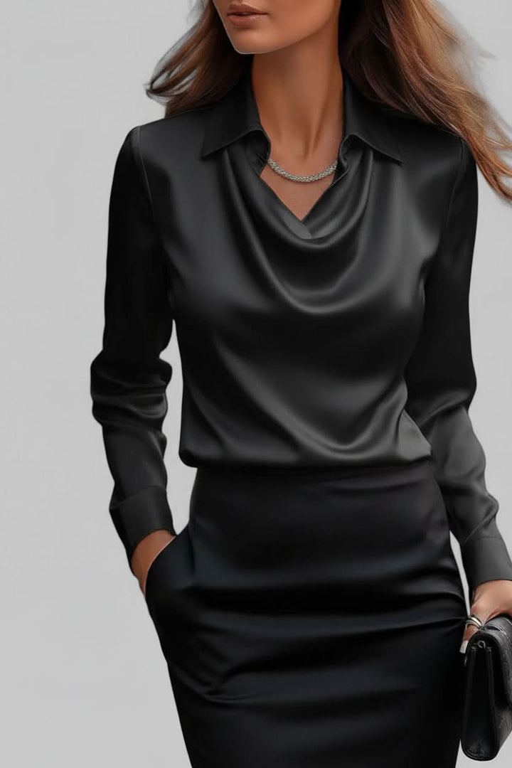 Premium women's elegant long sleeve blouse, a chic draped top ideal for sophisticated office or evening.