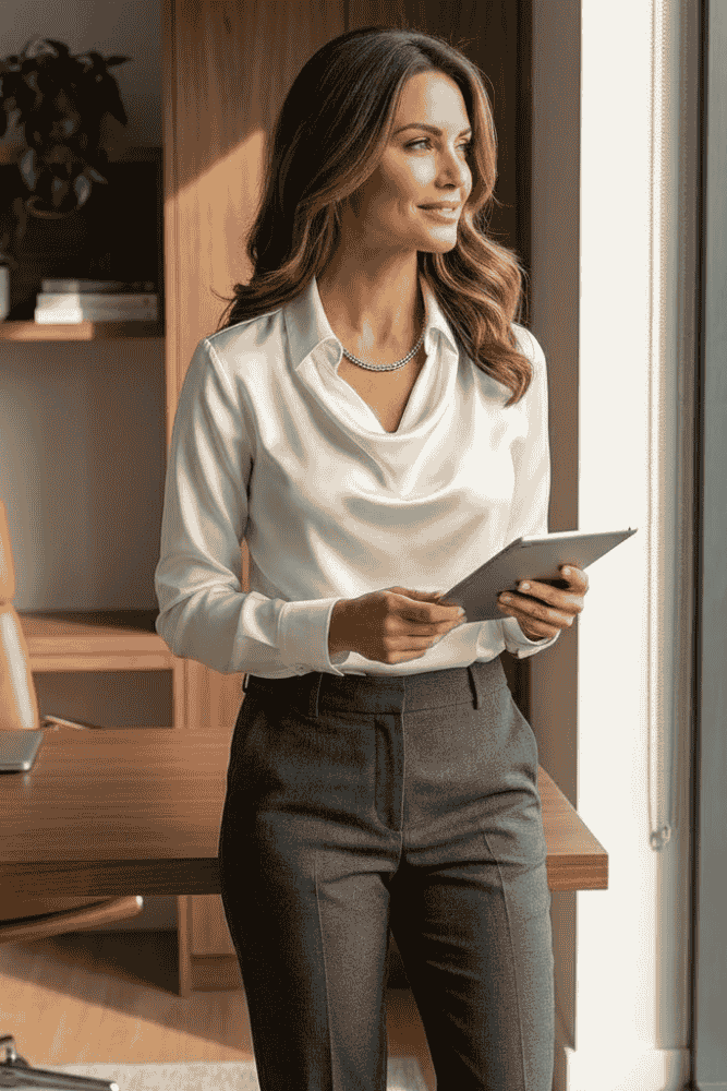 Chic women's draped long sleeve top, versatile for business casual or sophisticated fashion.