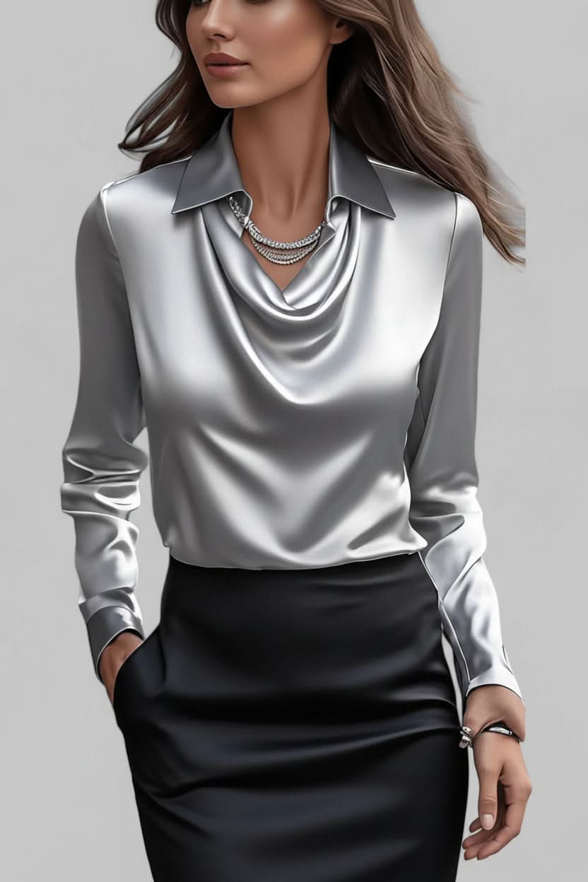 Professional women's long sleeve blouse, elegant draped design ideal for office wear & business casual.