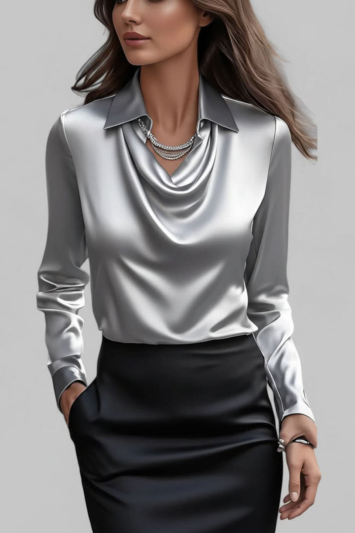Professional women's long sleeve blouse, elegant draped design ideal for office wear & business casual.