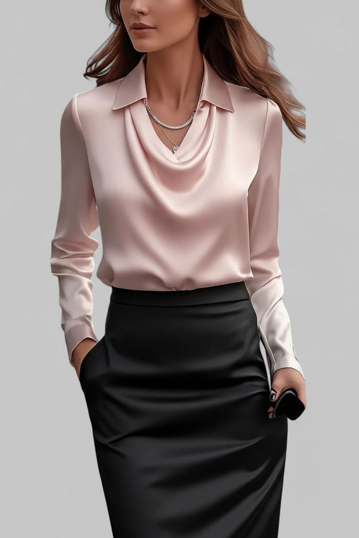 Sophisticated women's draped top, long sleeve and elegant for evening events and fashion apparel.