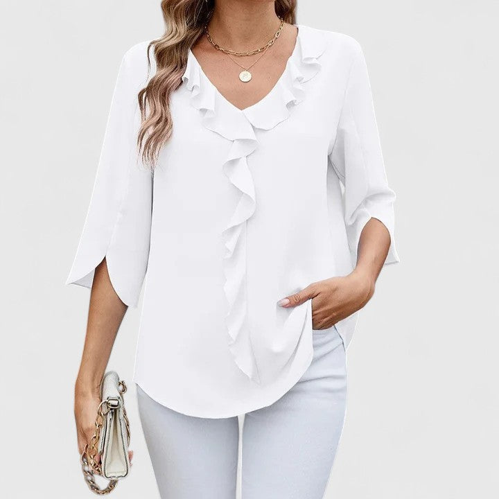 Sophisticated women's elegant blouse. Versatile long-sleeve top for chic ladies' fashion, work, and casual.